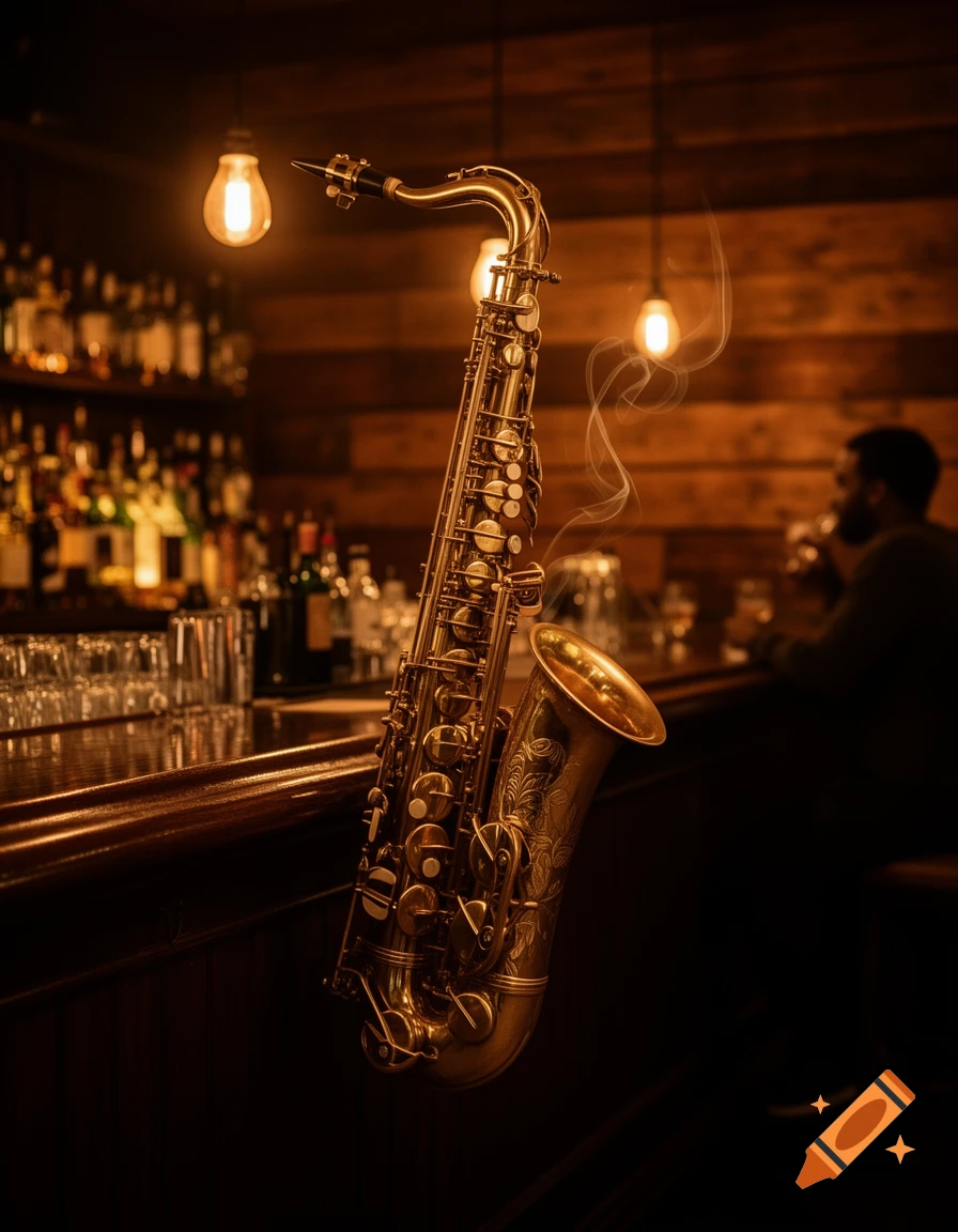 A stylized golden saxophone with smoke trails stands on a bar counter in a dimly lit bar, with bottles and a blurred person in the background.