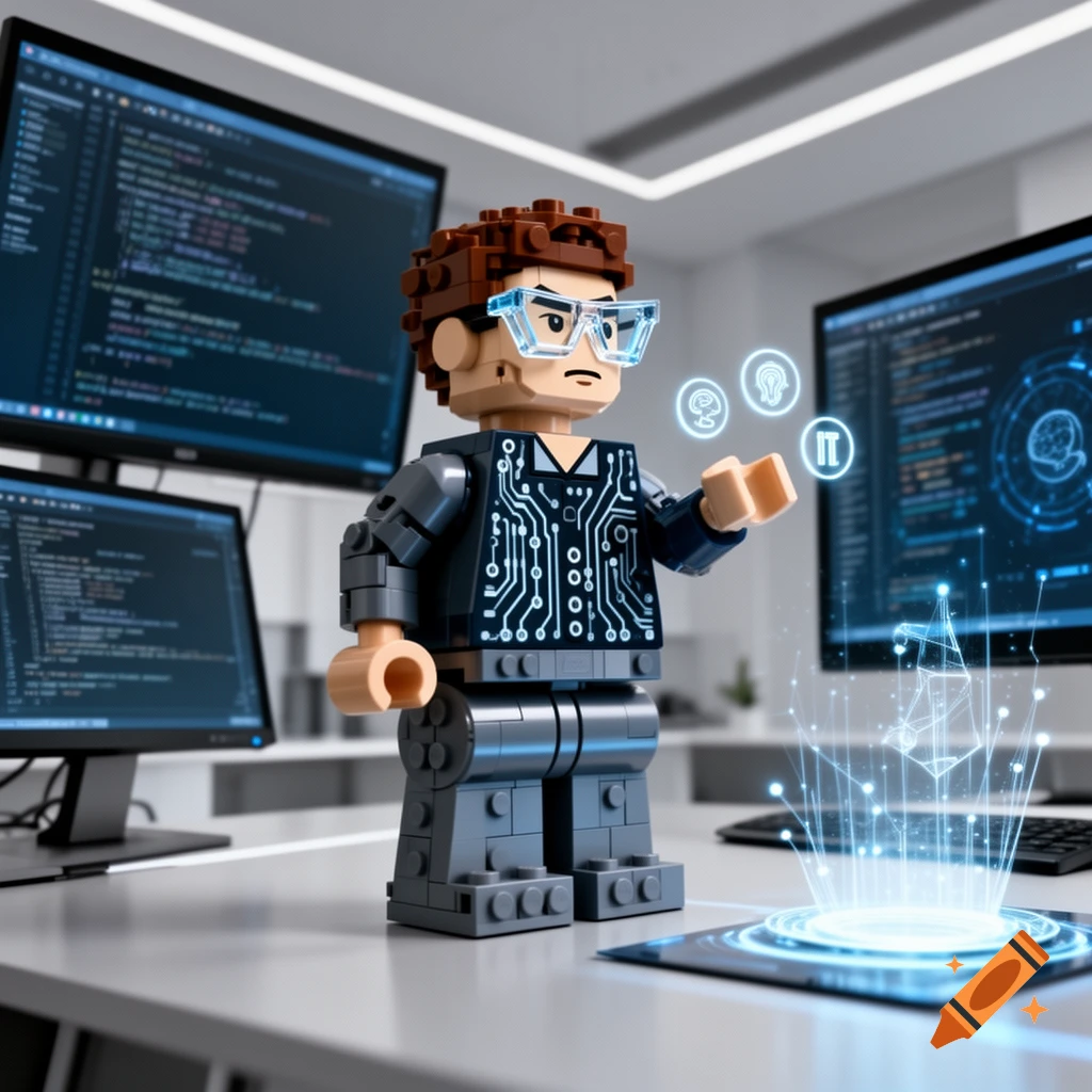 A Lego figure of an IT professional with a circuit board shirt and glasses, interacting with holographic icons in a data center setting.