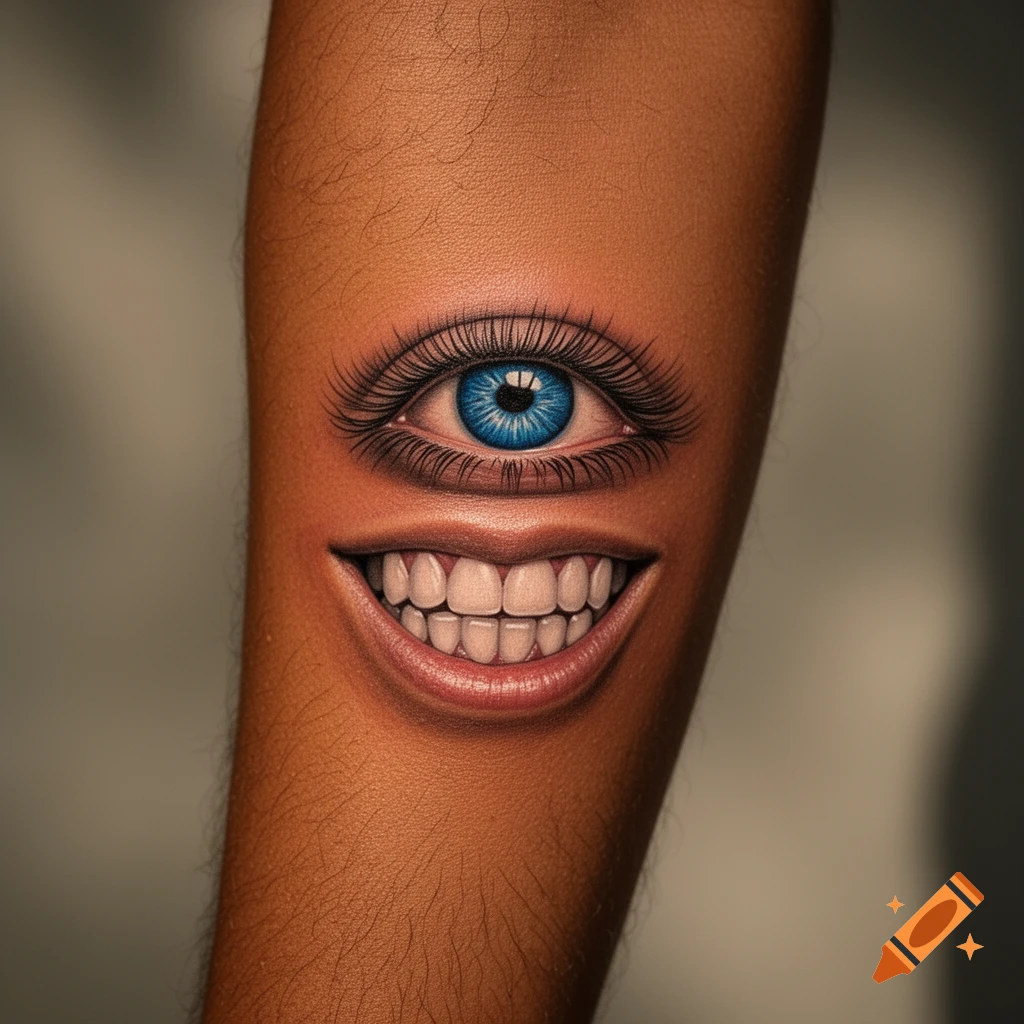 A hyperrealistic tattoo of a blue eye with long lashes above a wide, grinning mouth with teeth, on a person's arm.