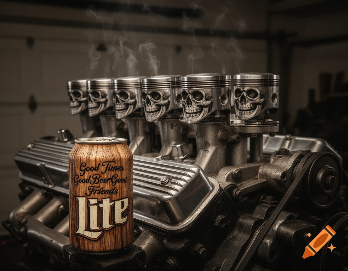 A Miller Lite beer can with a wood grain texture, displaying "Good Times Good Beer Good Friends" and "Lite" text, is placed in front of an engine with skull-decorated pistons emitting smoke.