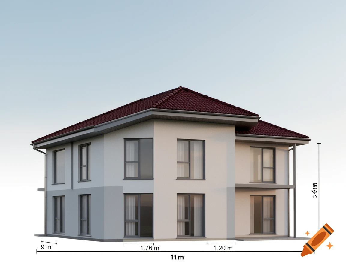A 3D render of a two-story house with a dark red tiled roof, white and light grey walls, and grey window frames. Dimension lines with measurements surround the house.