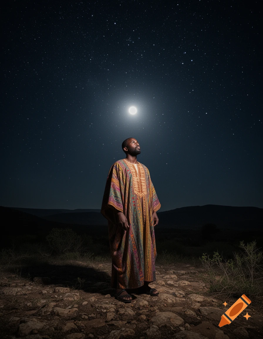 A man in a colorful robe looks up at a bright moon and starry night sky in a dark, rocky landscape.