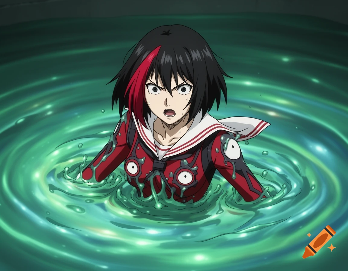 Anime character Ryuko Matoi looks startled while sinking in swirling green slime.