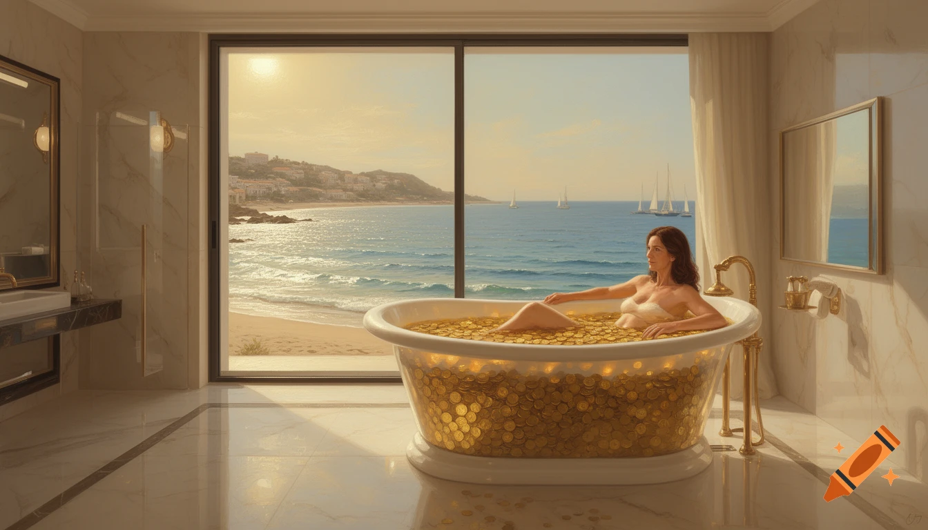 A woman relaxes in a bathtub full of gold coins in a luxurious bathroom overlooking a sunny beach, sea, and sailboats, digital painting.