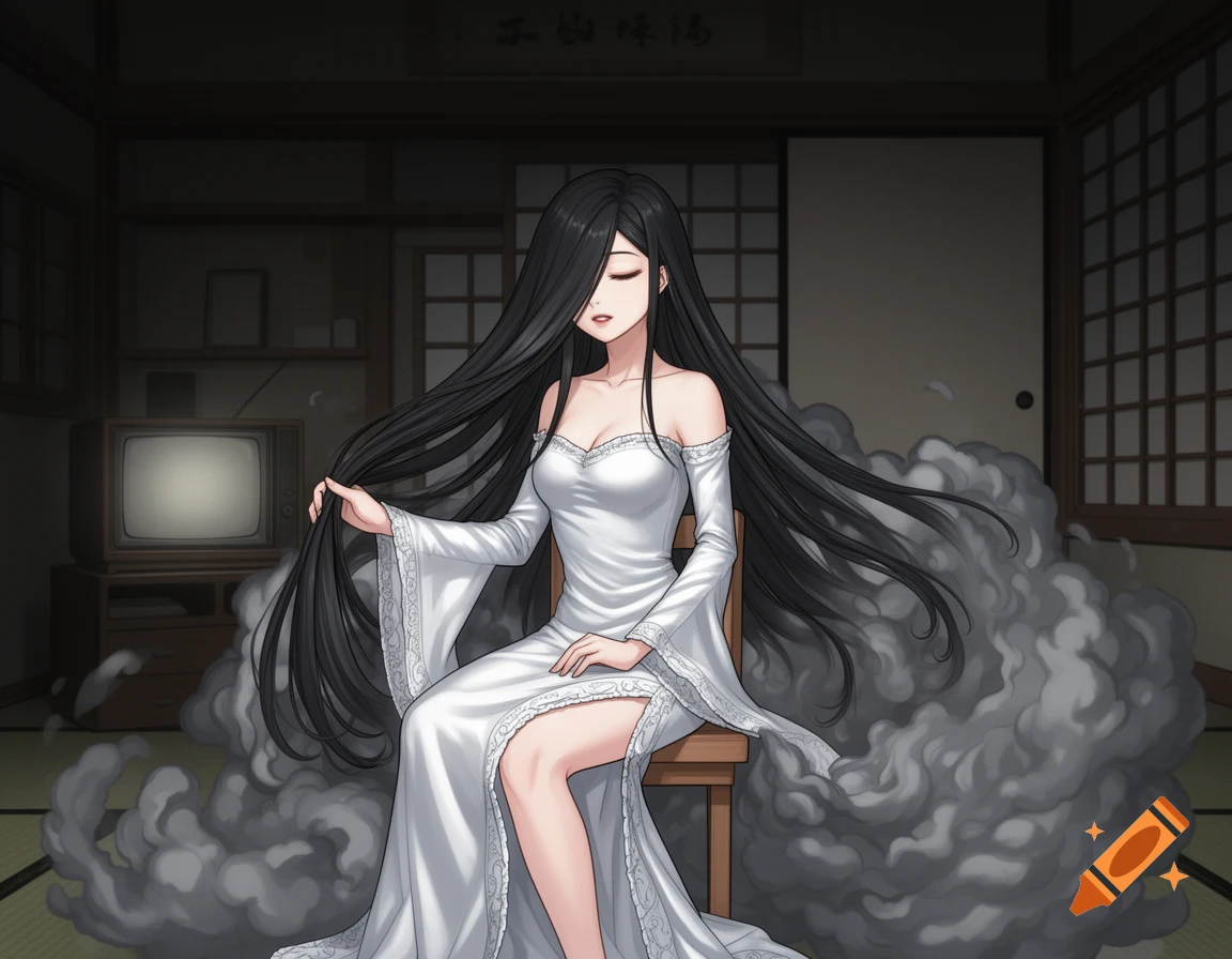 An anime ghost woman with long black hair, wearing a white dress, sits on a chair in a dimly lit Japanese room, surrounded by gray smoke.