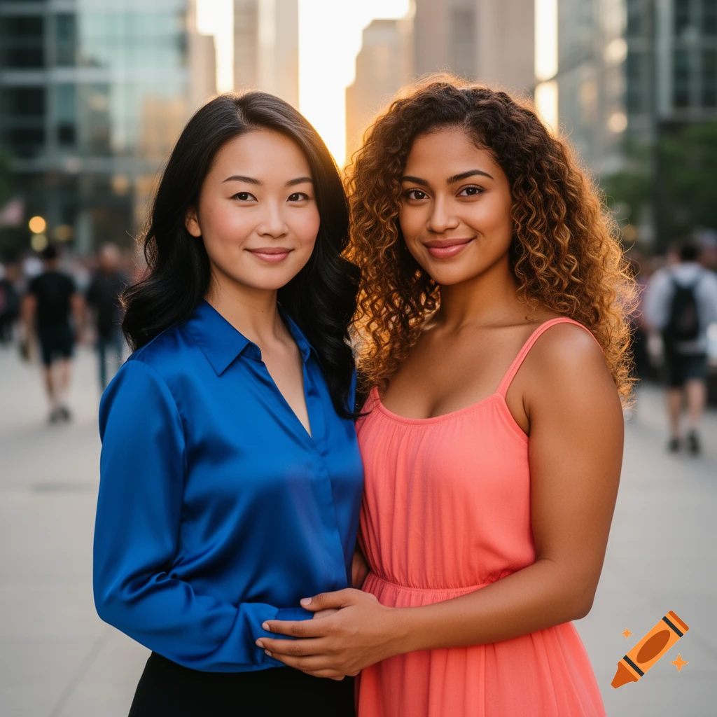 Two smiling women, one Asian in a blue shirt and one Latina in a coral dress, stand on a city street bathed in golden sunlight.