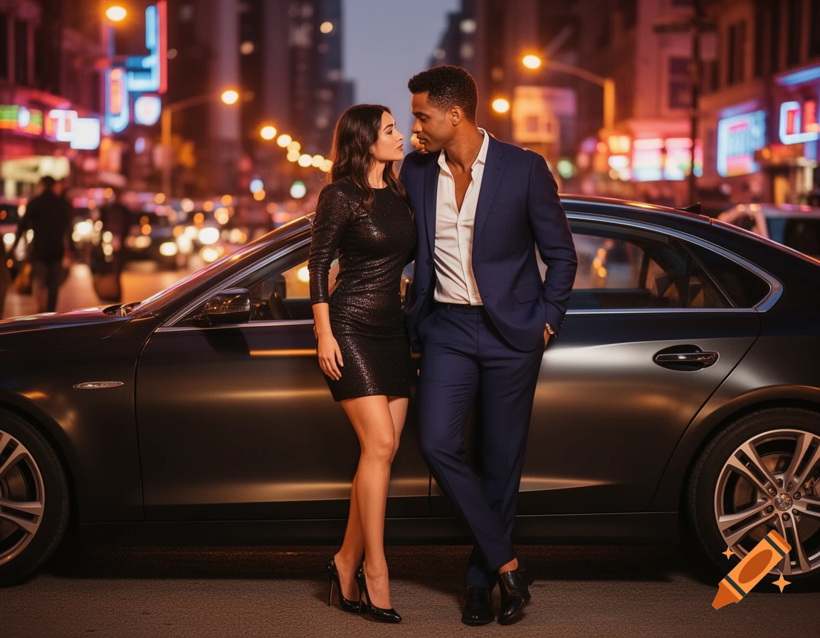 A stylish couple standing intimately beside a luxury car on a vibrant city street at night, illuminated by neon lights.