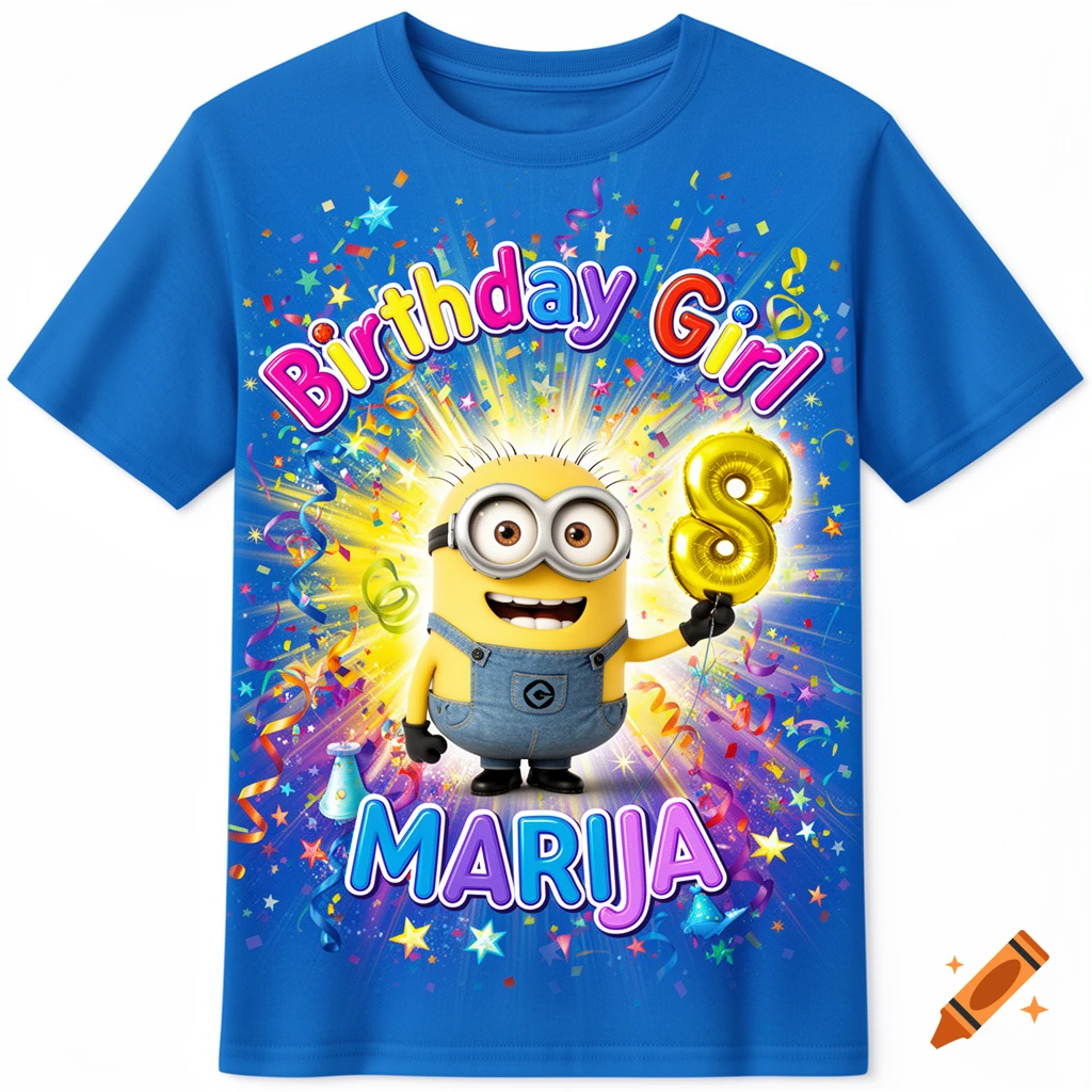 A blue t-shirt features a Minion character holding a gold '8' balloon, with 'Birthday Girl' and 'MARIJA' text, surrounded by colorful confetti.