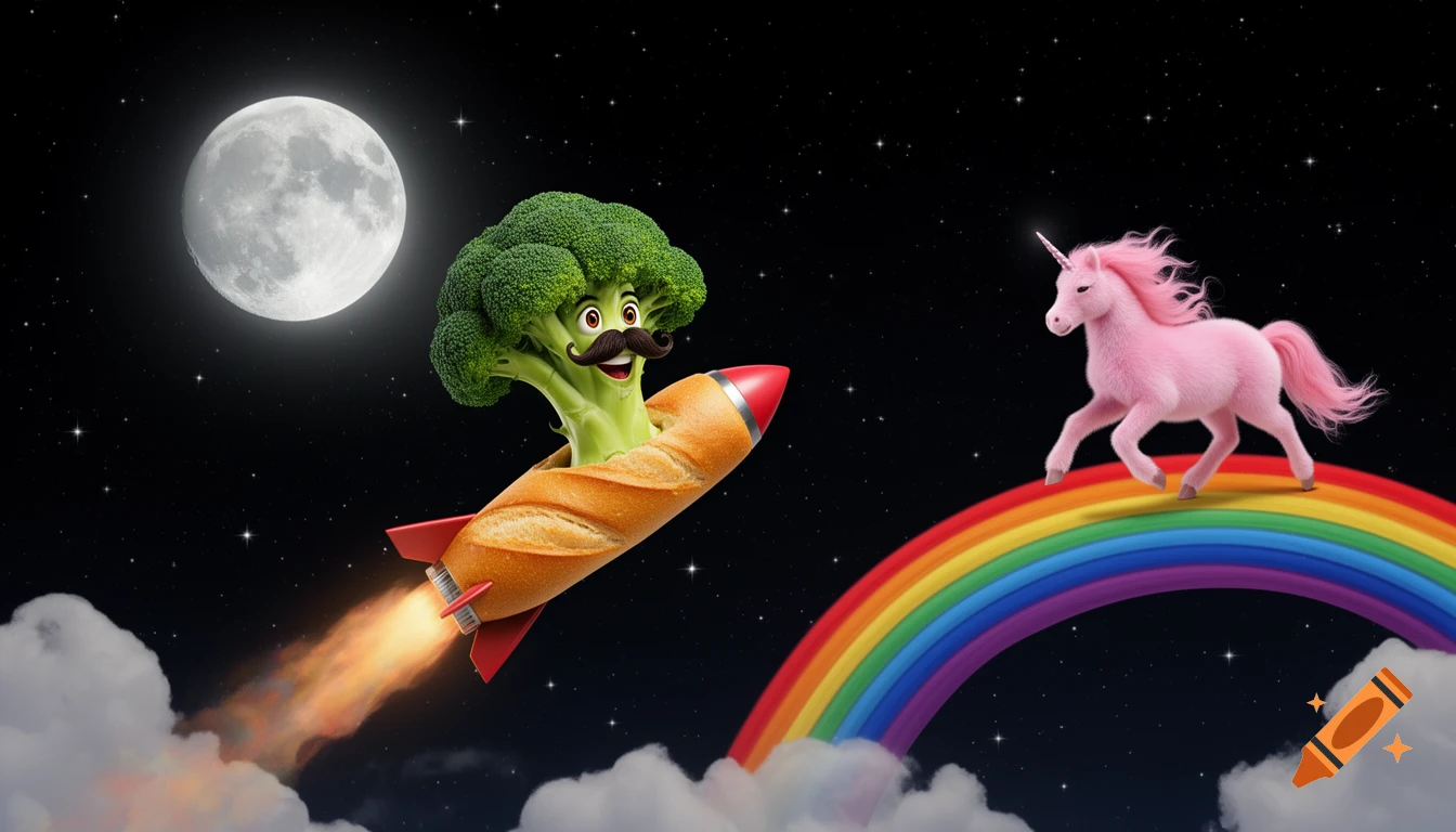 A cartoon broccoli with a mustache flies a baguette rocket towards a full moon in space, while a pink fluffy unicorn runs on a rainbow.