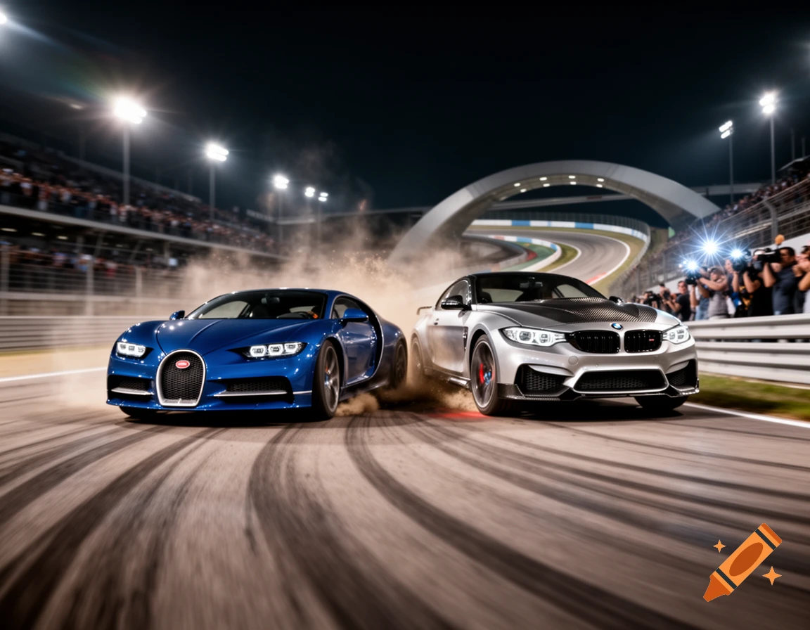 A blue Bugatti and a silver BMW sports car race side-by-side on a track at night, kicking up dust, with bright stadium lights and spectators.