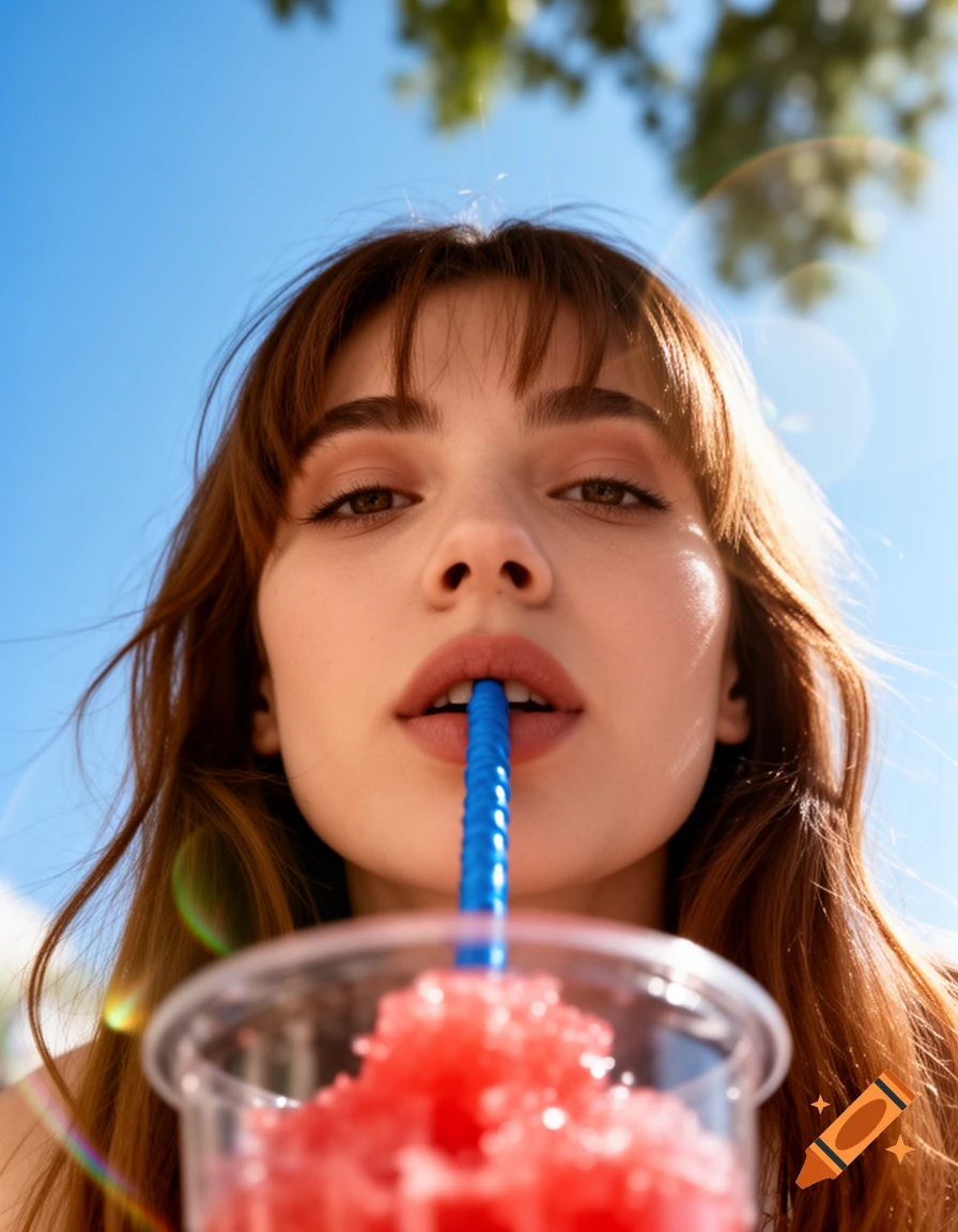 Photorealistic low-angle portrait of a woman with bangs drinking a red slushie with a blue straw under a sunny sky.