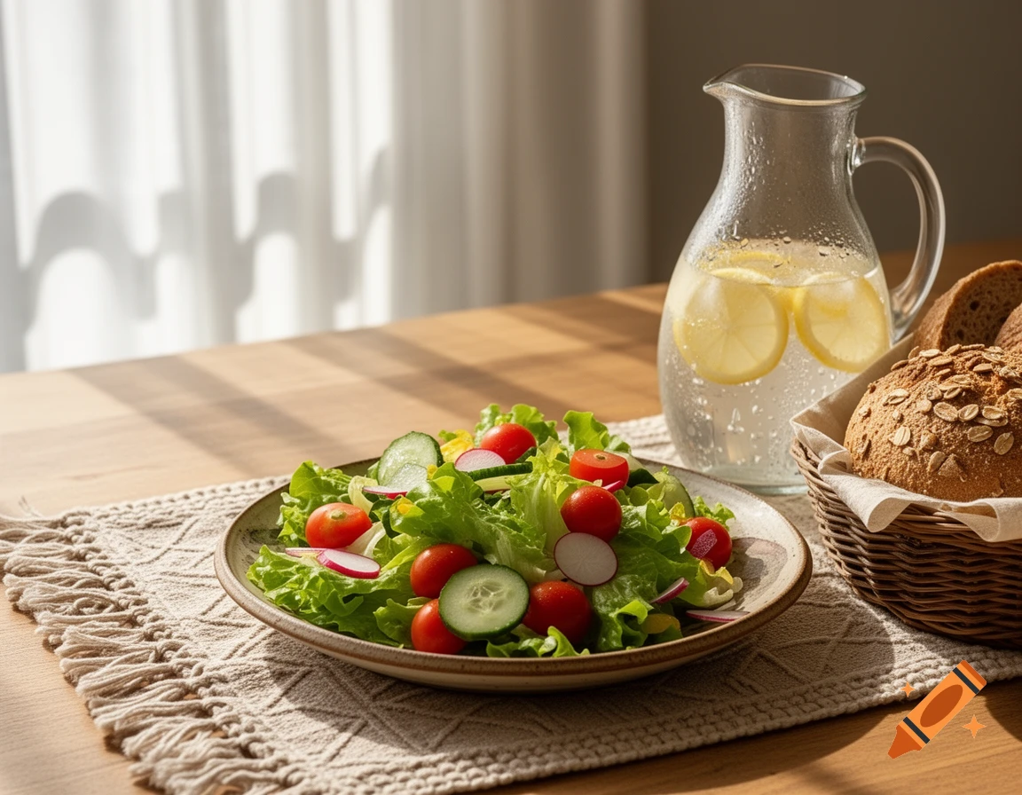 A fresh green salad with tomatoes and cucumbers, a pitcher of lemonade with lemon slices, and bread on a wooden table in sunlight.