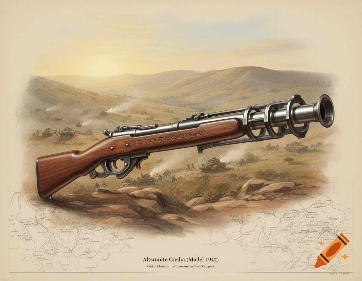 An illustrated blueprint of the "Aksumite Gasha (Model 1942)" weapon, a rifle with a spigot launcher, set against a background of a hilly battle scene with tanks and soldiers, overlaid on a map.