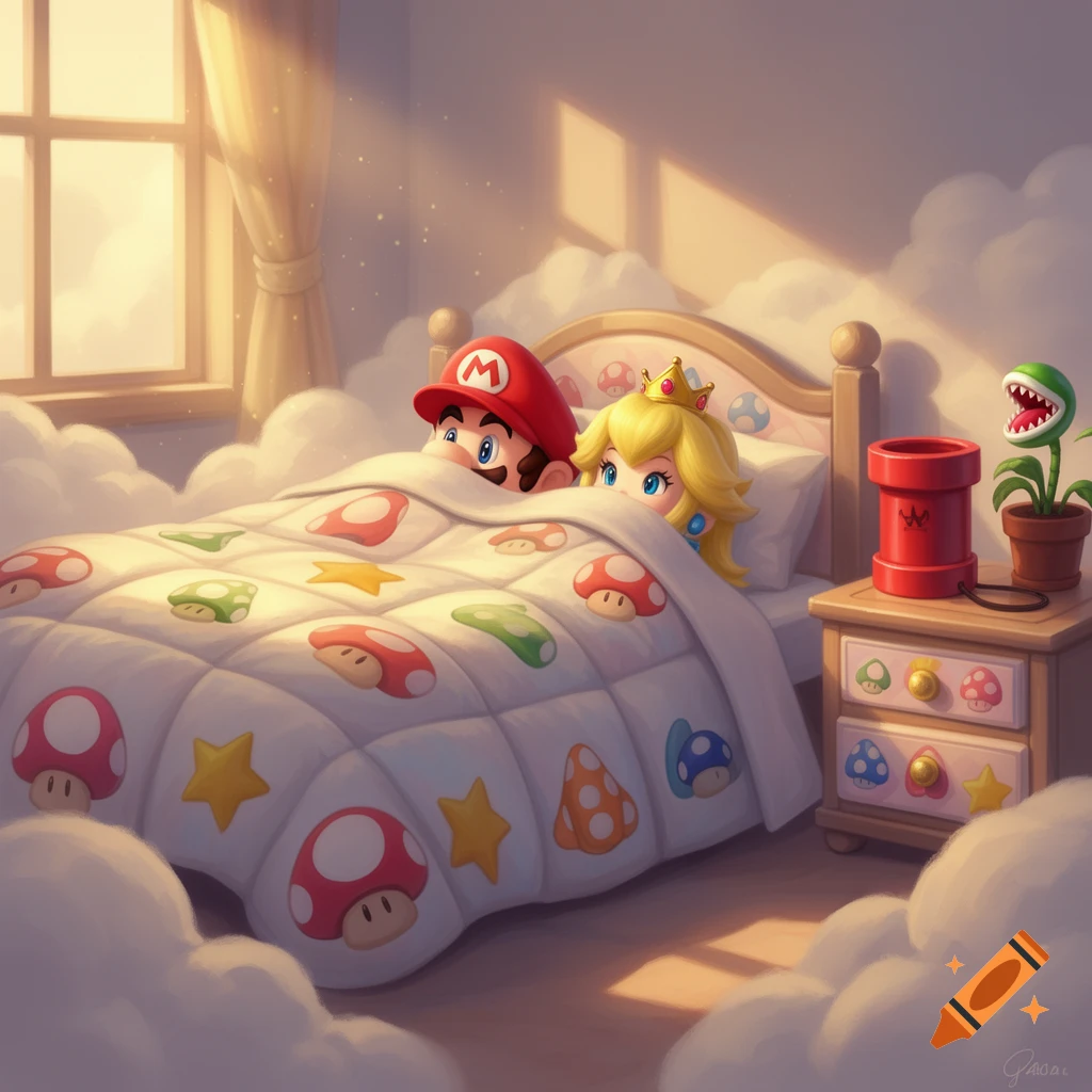 Mario and Princess Peach peek out from under a mushroom-patterned blanket in a cozy bedroom, with a Piranha Plant in a pot on the bedside table.