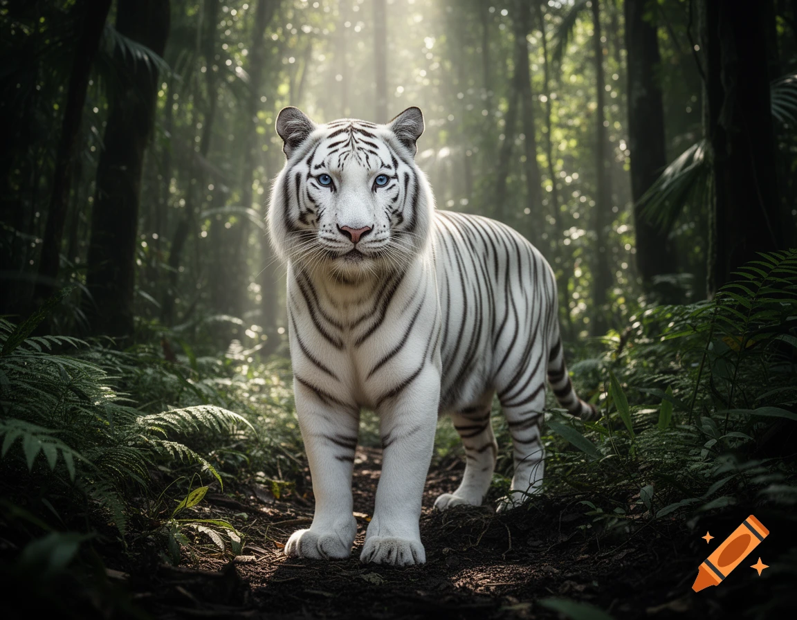 A majestic white tiger with blue eyes stands on a forest path, dappled sunlight filtering through the dense jungle canopy.