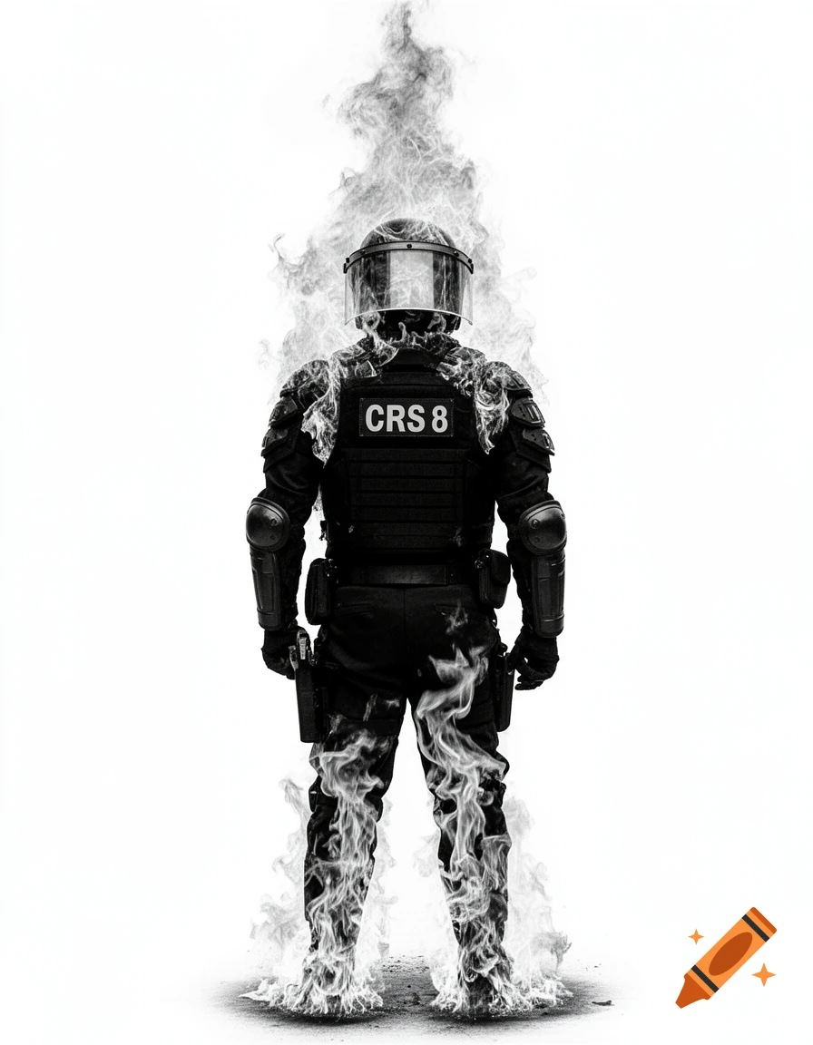 Monochrome image of a police officer in riot gear, back to viewer, surrounded by stylized flames/smoke, with 'CRS 8' on the vest.