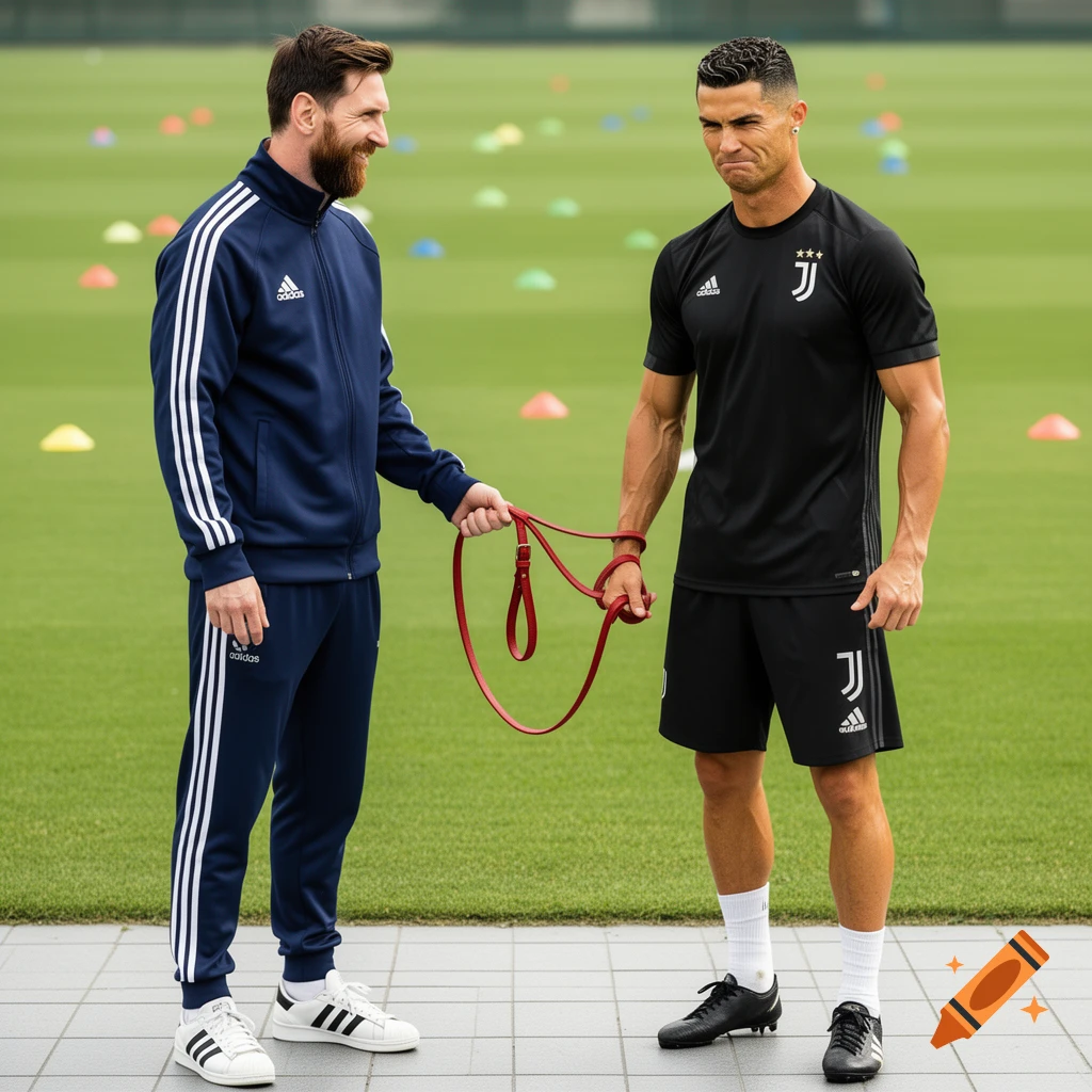 Photorealistic image of Lionel Messi holding a red leash attached to Cristiano Ronaldo's wrist on a soccer field.