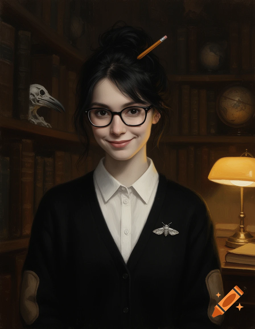 Painterly portrait of a smiling young woman with dark hair and glasses in an old library with a skull and globes.