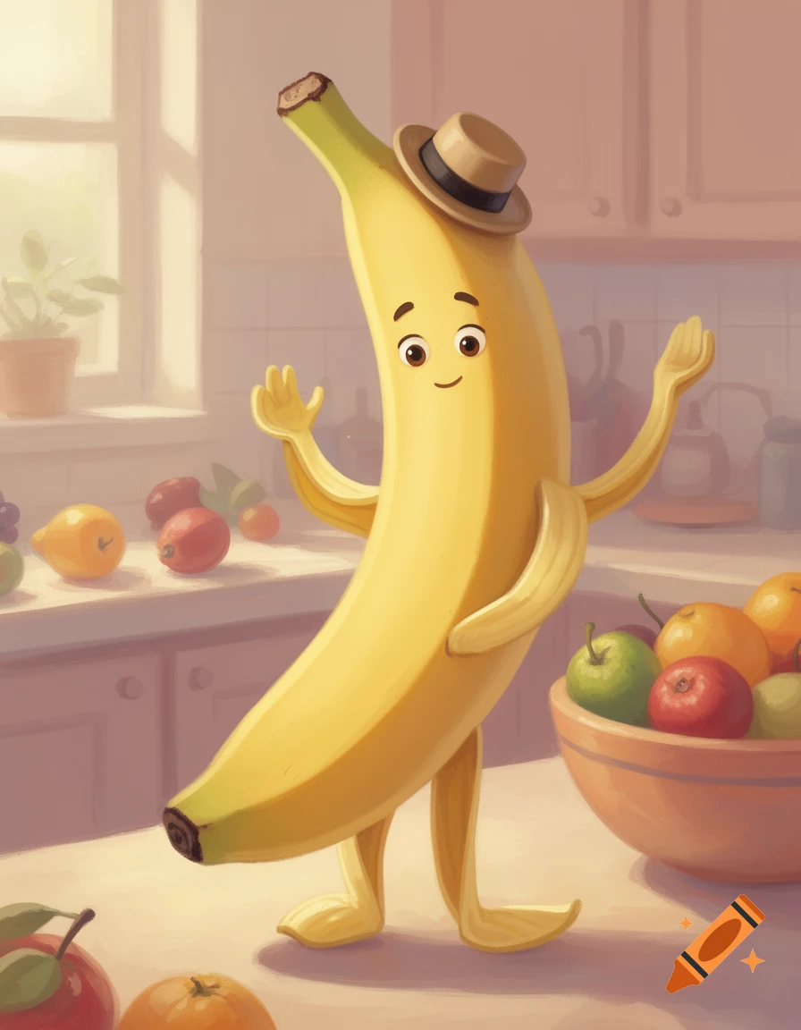 A happy, personified banana wearing a small hat waves in a cartoon kitchen with bowls of fruit.