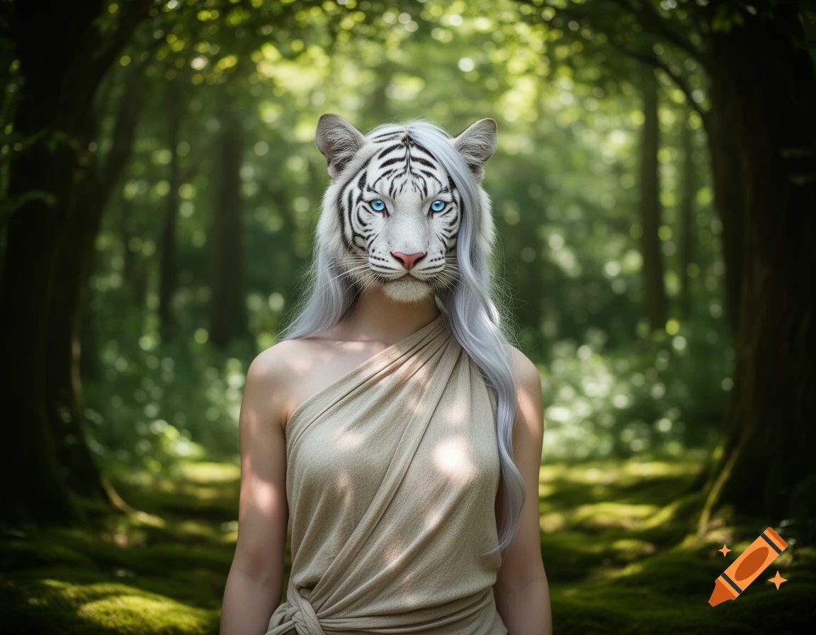 A white tiger demihuman with long silver hair and blue eyes, wearing a draped beige garment, stands in a vibrant green forest.