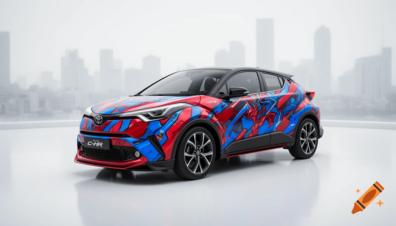 Photorealistic Toyota C-HR car with a dynamic red and blue Gundam-style wrap, parked in front of a blurry city skyline.