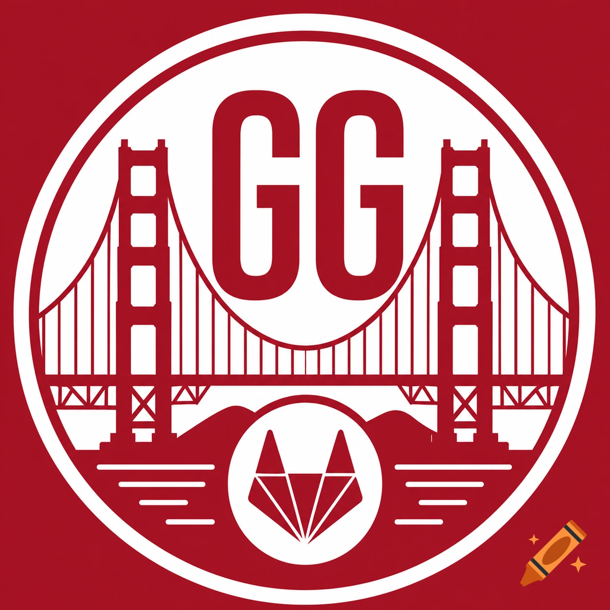 Red and white circular logo with Golden Gate Bridge, 'GG' text, and a geometric fox head.