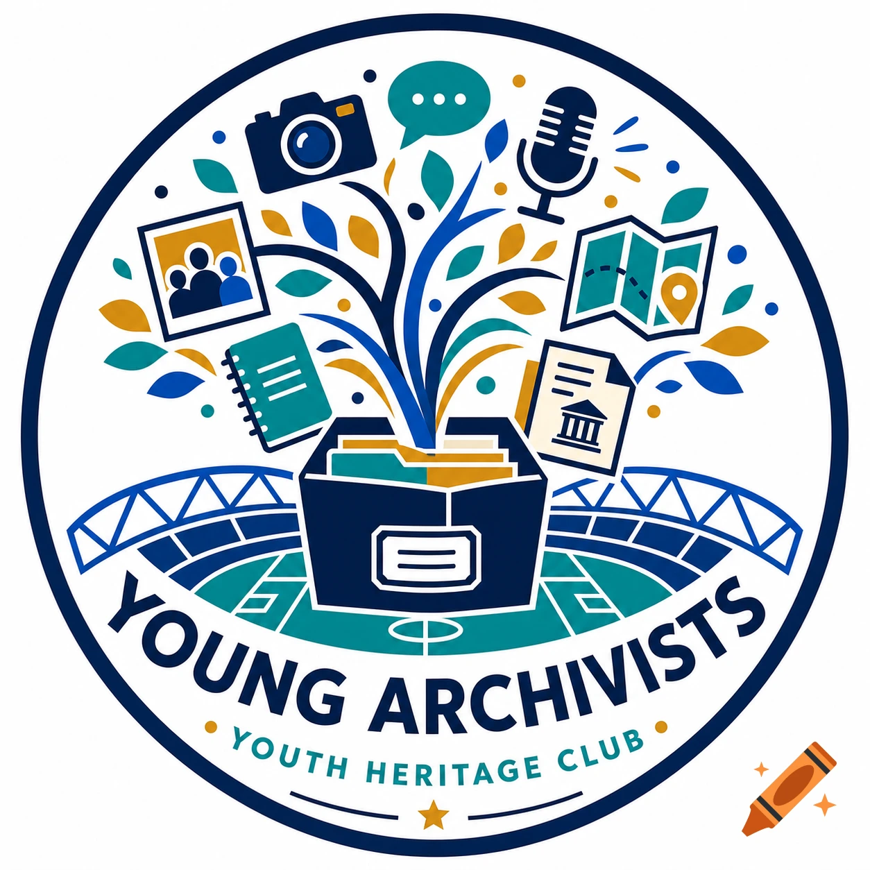 Circular vector logo for 'Young Archivists, Youth Heritage Club' with an archive box, camera, microphone, notebook, map, and stadium silhouette.