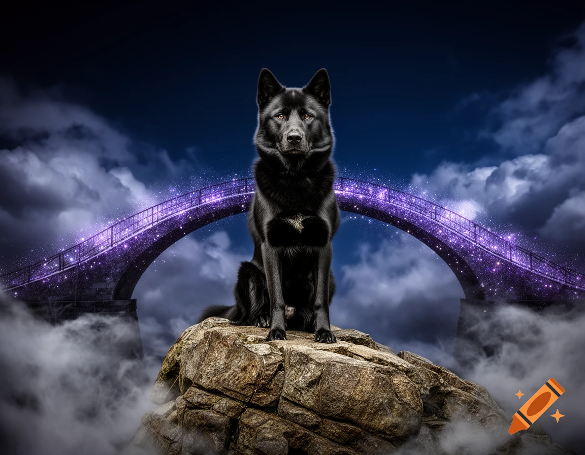 A black West Siberian Laika dog sits on a rock, in front of a sparkling purple starry bridge and mystical clouds against a dark night sky.