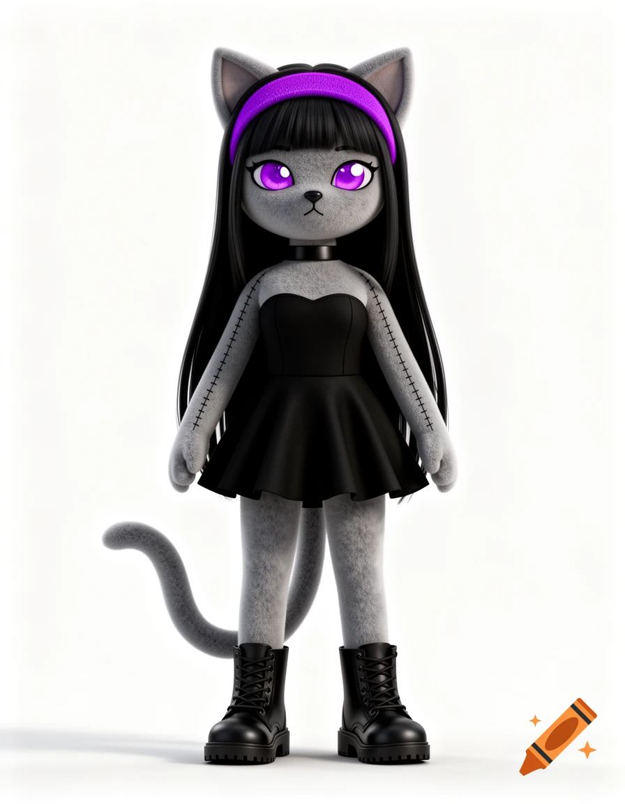 A 3D render of a grey cat-girl plushie with long black hair, purple eyes, a black dress, combat boots, and a purple headband.