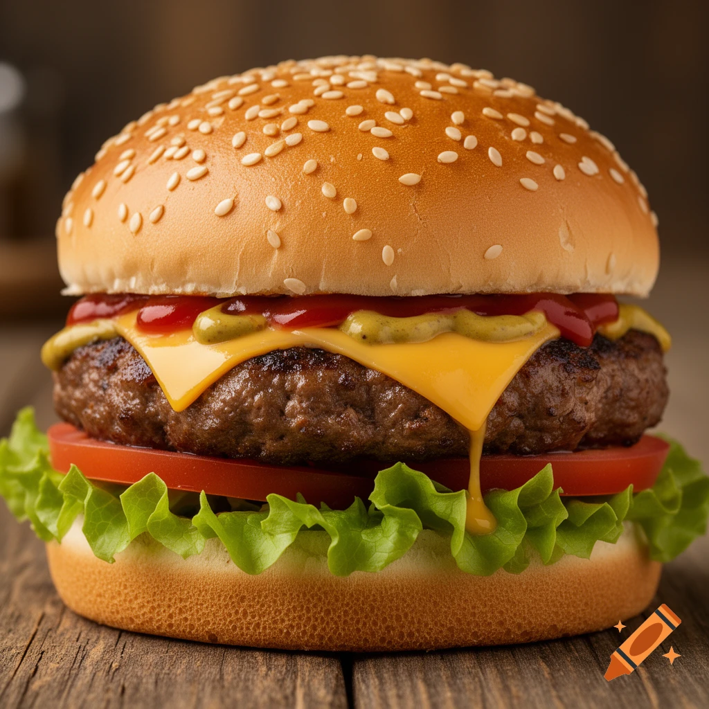 A close-up, photorealistic cheeseburger with melted cheese dripping, fresh lettuce, tomato, and a sesame seed bun on a wooden surface.