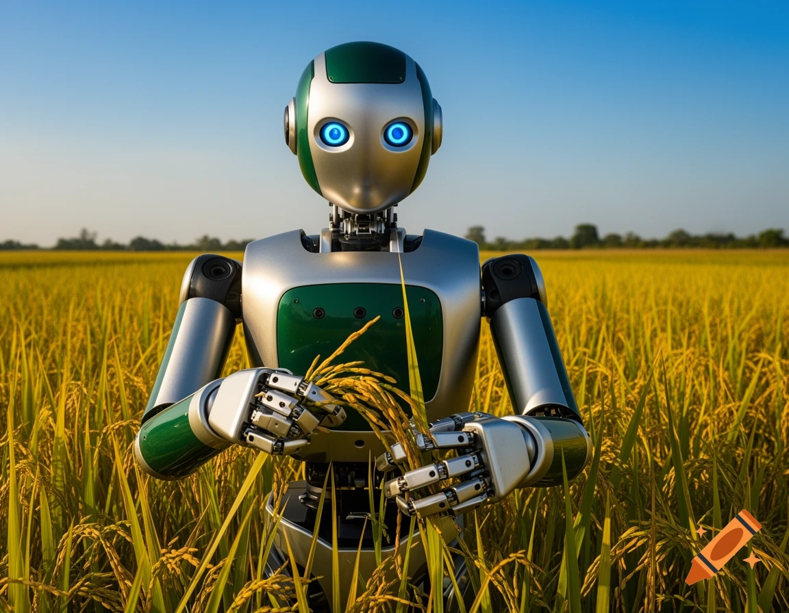 A photorealistic image of a silver and green robot with blue eyes standing in a golden rice field, gently holding stalks of rice.
