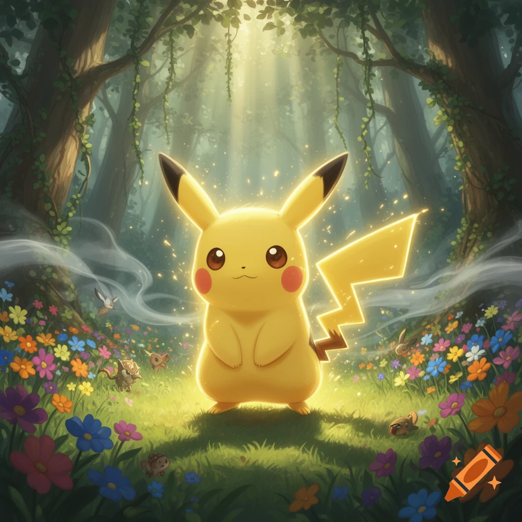 Pikachu stands in a vibrant, sunlit forest clearing, surrounded by colorful wildflowers in a whimsical illustration.