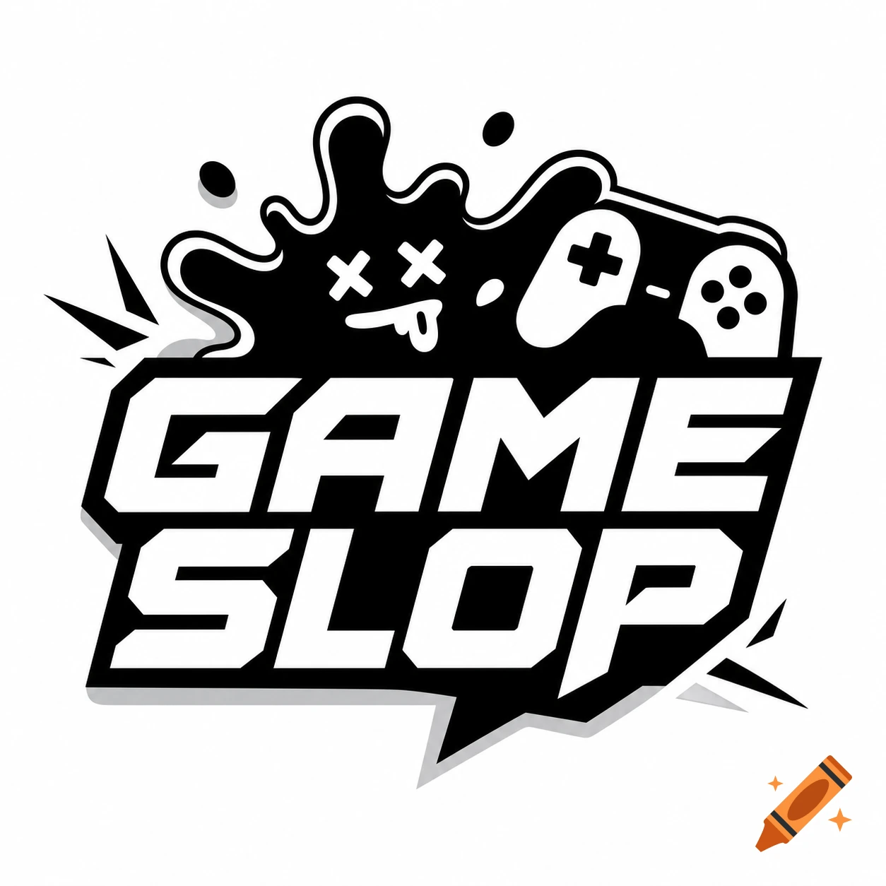 Black and white logo for 'Game Slop' with a game controller, splatter, and speech bubble effects.