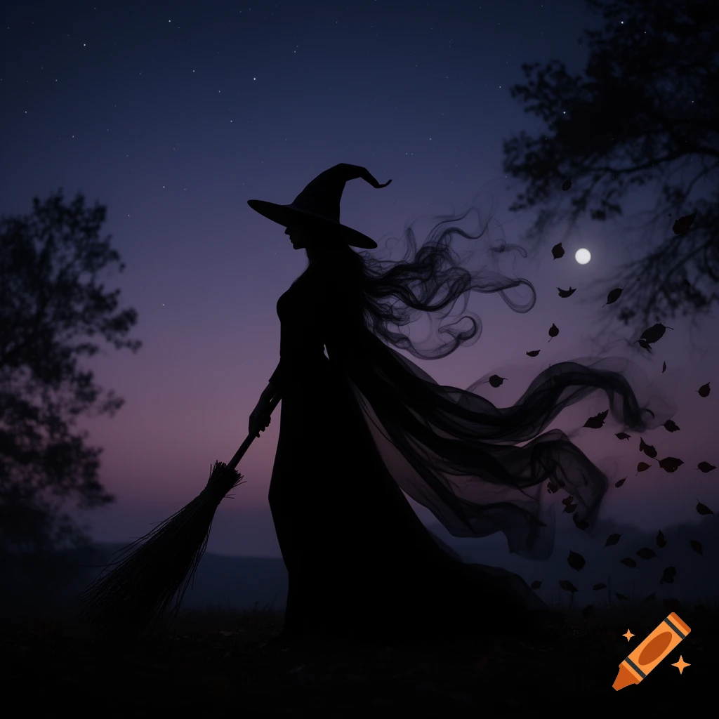 Silhouette of a witch holding a broom, with flowing fabric and leaves, against a purple and blue night sky with a full moon.
