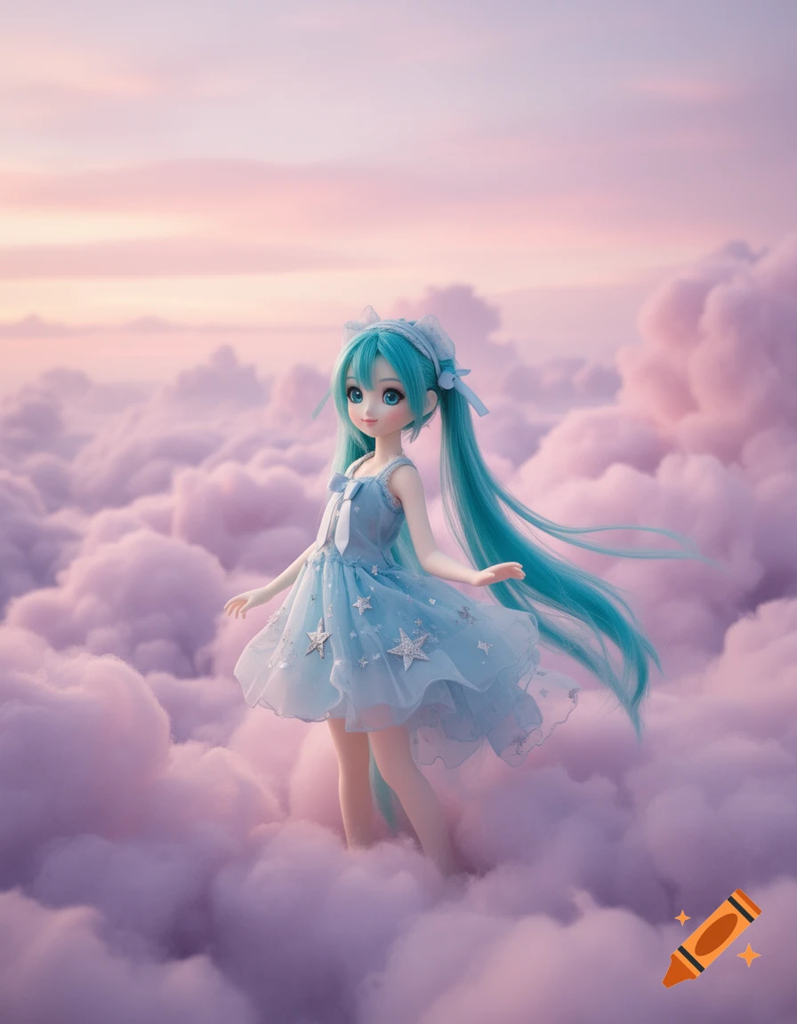A cute anime doll with long turquoise pigtails and a blue star-adorned dress stands among pink and purple clouds under a pastel sky.