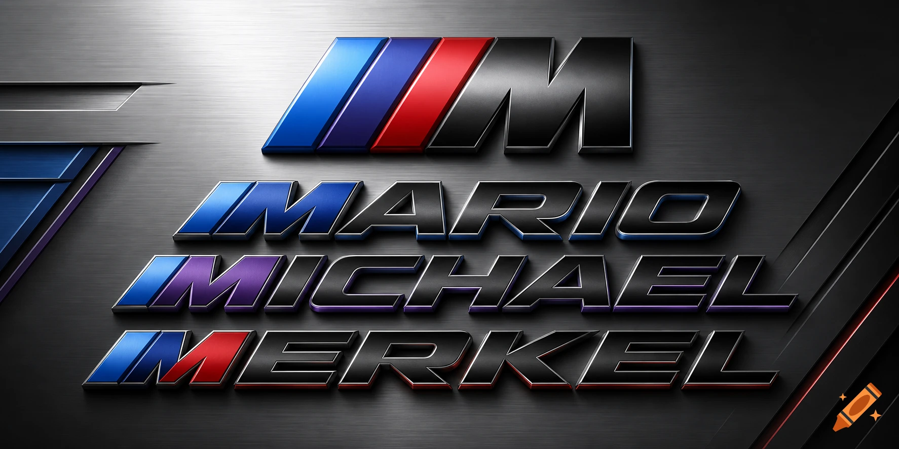 A 3D metallic BMW M logo with names Mario, Michael, Merkel rendered in similar style on a brushed metal background.