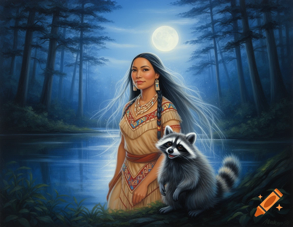 An oil painting of a woman in traditional attire and a raccoon standing by a moonlit lake in a dark forest.