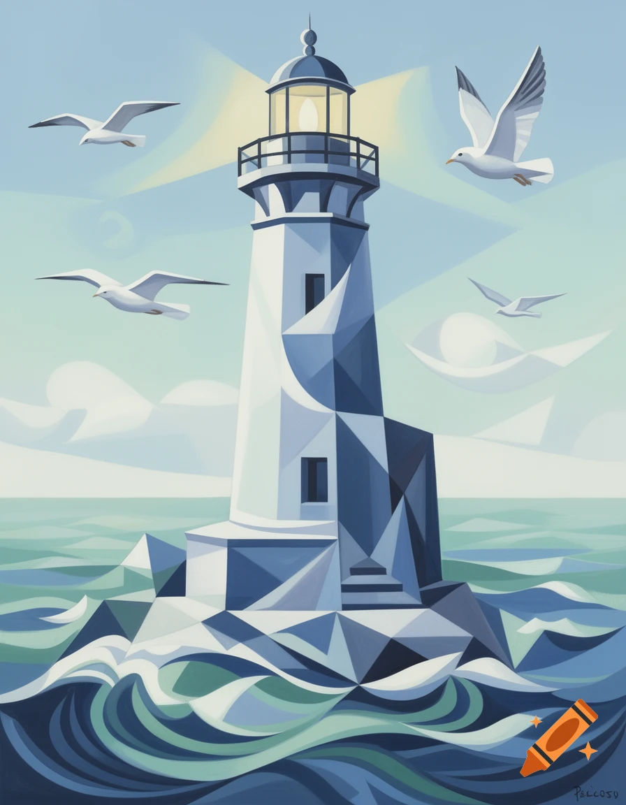 Geometric art painting of a lighthouse on rocky ocean waves with several seagulls flying under a bright sky.