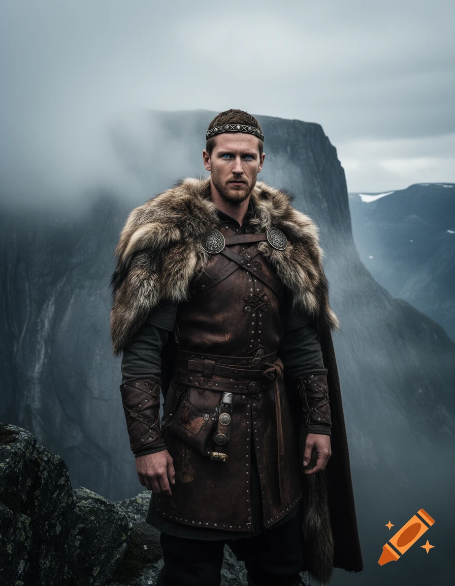 A photorealistic portrait of a Viking warrior with blue eyes, wearing a fur cloak and leather tunic, on a misty mountain cliff.