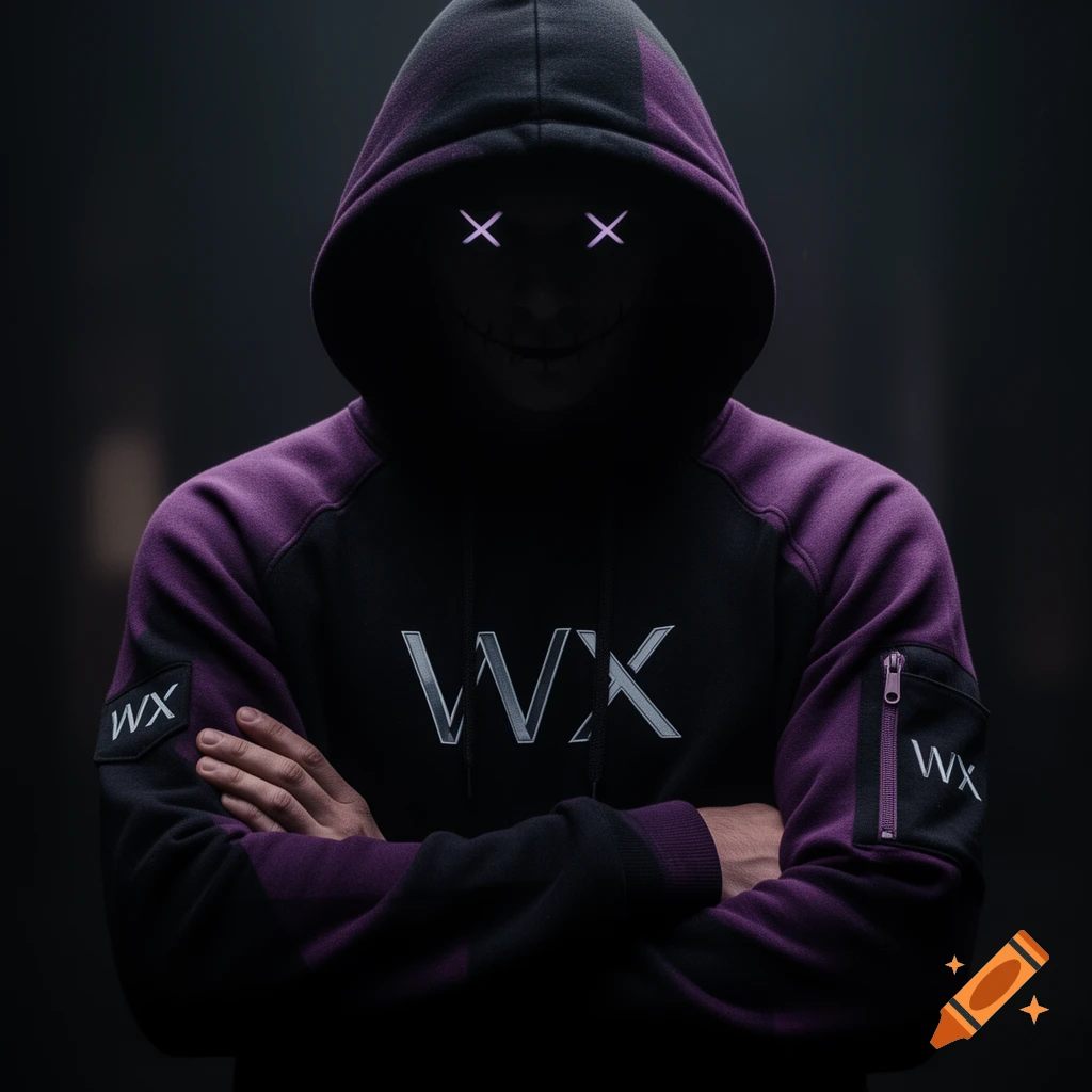 A mysterious person in a black and purple hoodie with crossed arms, glowing X-shaped eyes, and a scar-like smile, with WX logos.