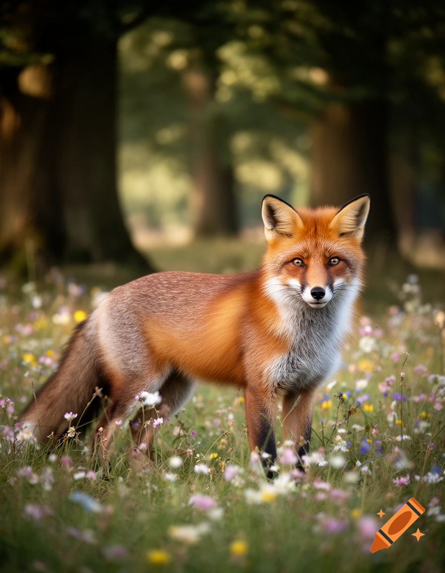 A photorealistic red fox with white and black markings stands in a field of colorful wildflowers with trees in the background.