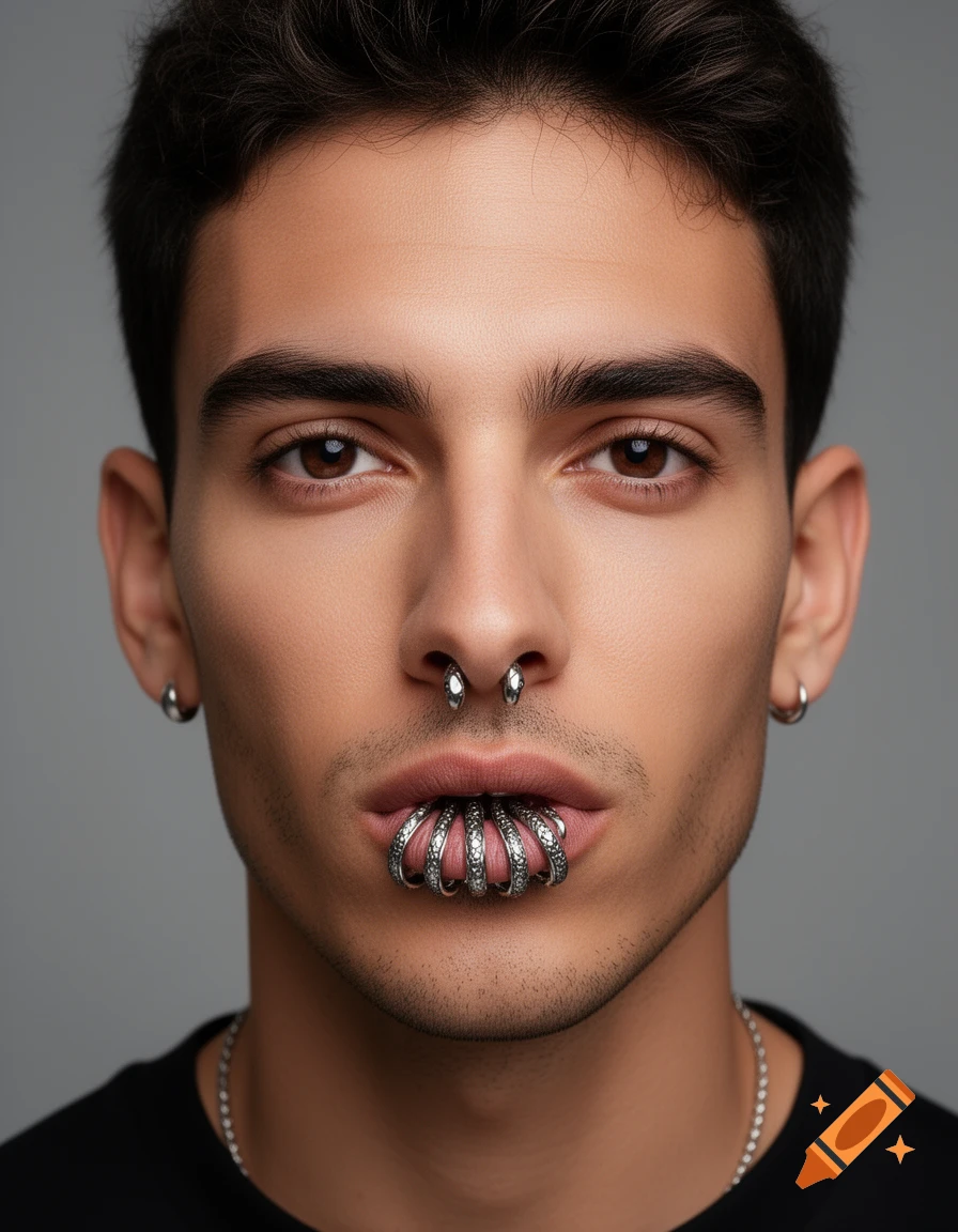 Close-up photorealistic portrait of a young man with a septum piercing and multiple silver rings on his lower lip.