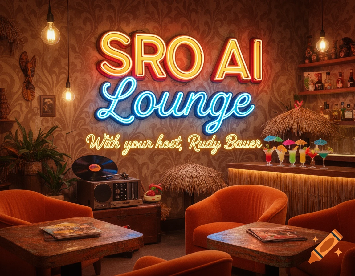 A retro kitchy lounge with orange armchairs, a bar, and neon signs spelling 'SRO AI Lounge. With your host, Rudy Bauer'.