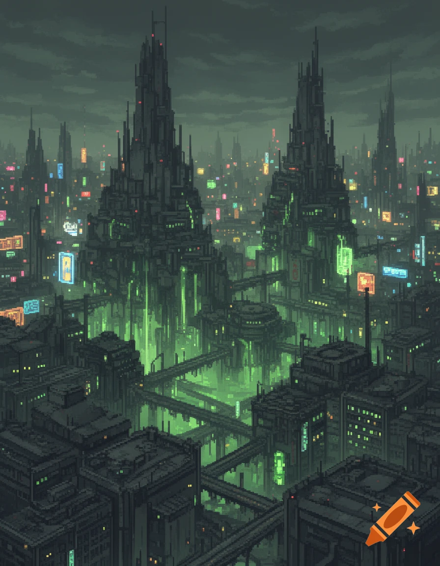 Dark pixel art cityscape with towering, spiky buildings, green glowing elements, and colorful neon signs under a cloudy sky.