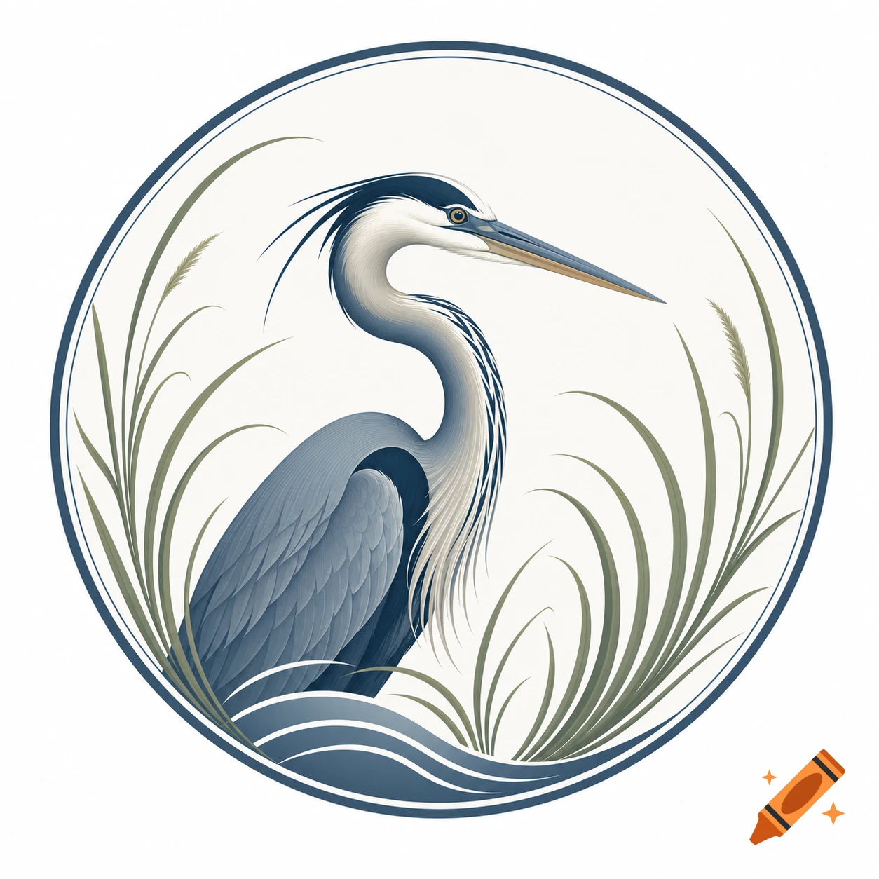 Stylized blue heron within a circular frame, surrounded by tall green grass and blue water waves, in a logo art style.