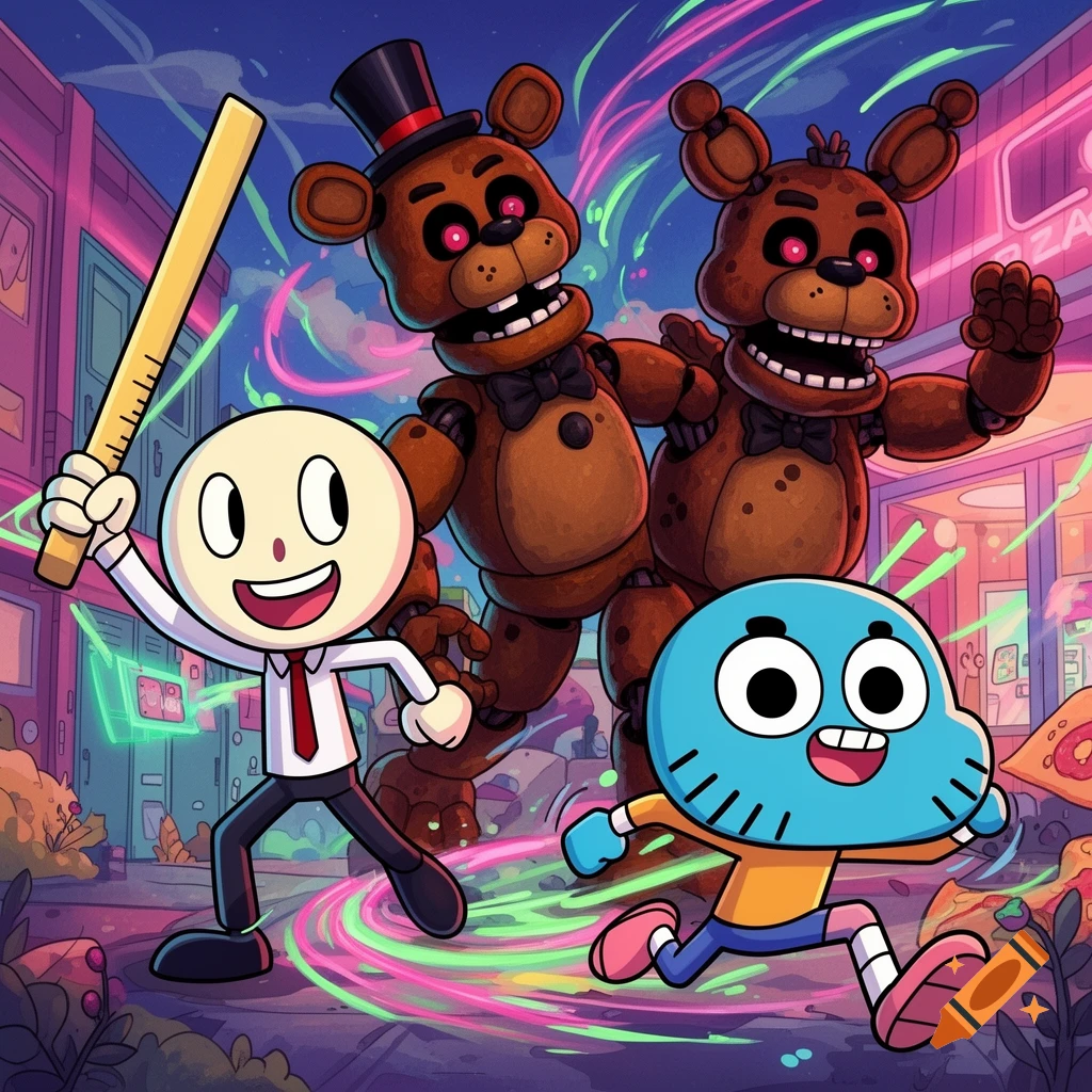 Cartoon crossover of Baldi holding a ruler, two Freddy Fazbear animatronics with glowing red eyes, and Gumball running, all in a neon city street at night.