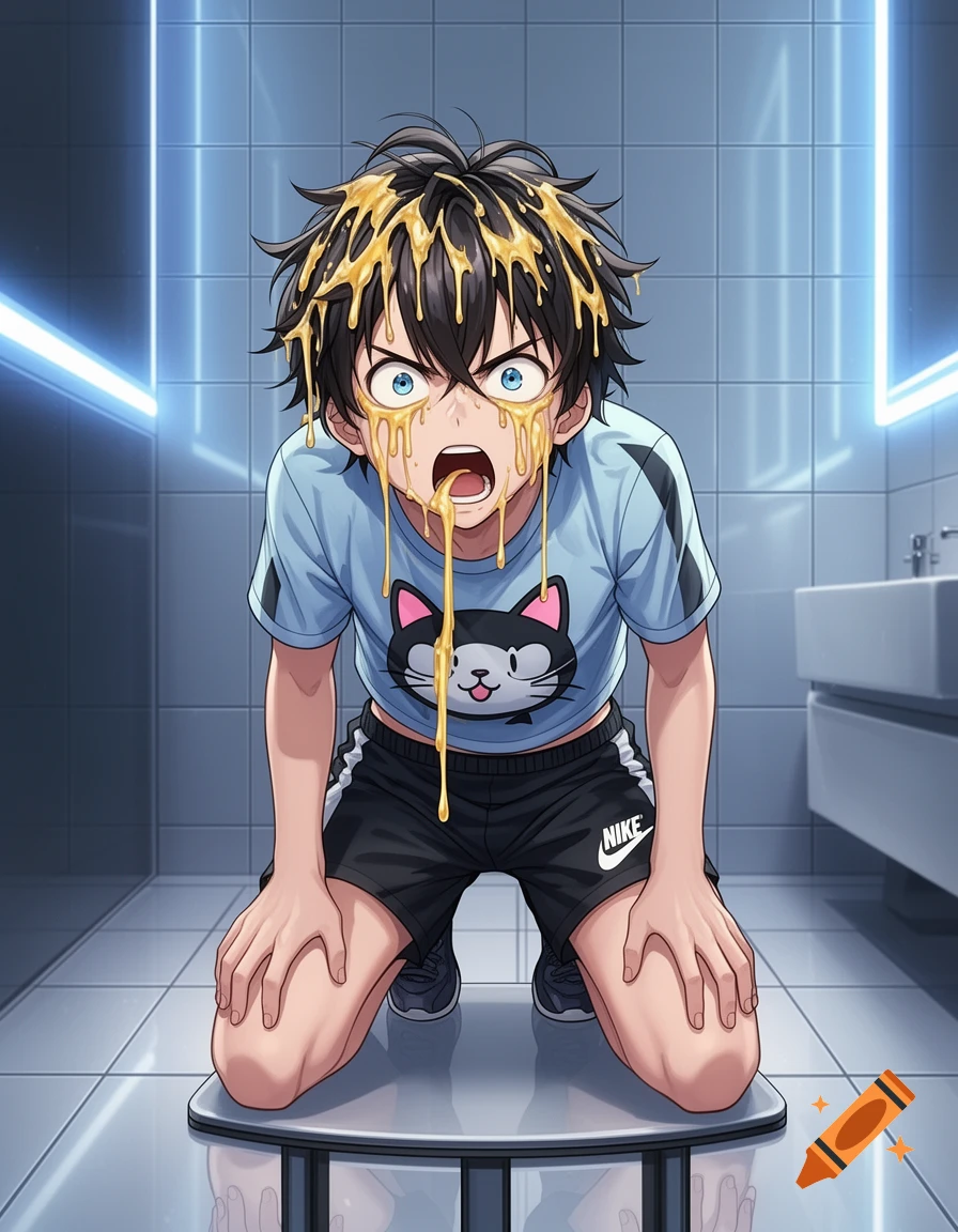 Anime boy kneeling in a bathroom, covered in yellow liquid, with a distressed expression, wearing Nike shorts.