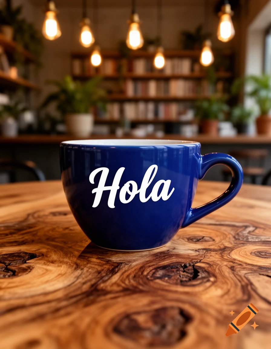 A blue coffee mug with "Hola" written in white script sits on a patterned wooden table in a blurred cafe with hanging lights.