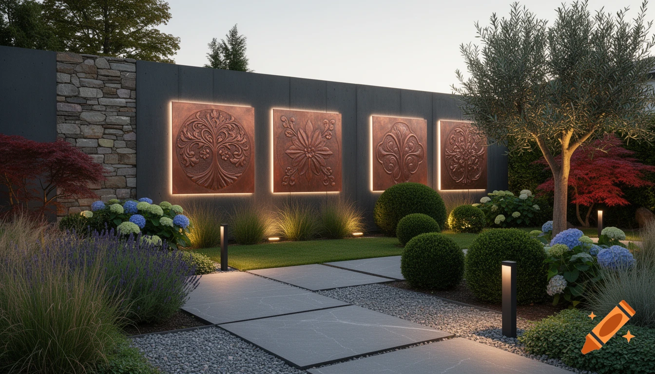 A modern garden at dusk with a grey wall featuring four illuminated copper reliefs, a paved path, gravel, lavender, hydrangeas, and an olive tree.