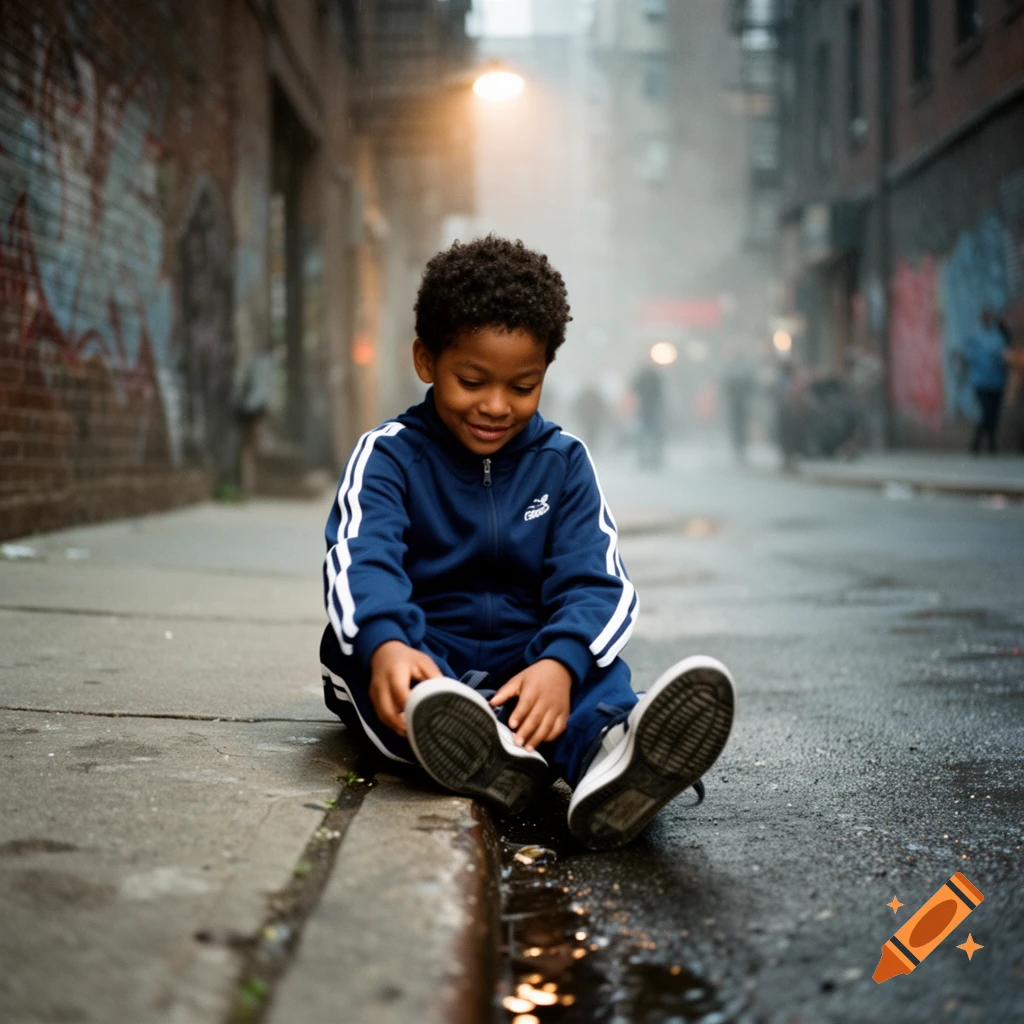 A young Black boy in a blue tracksuit sits on the wet pavement of a dimly lit urban alleyway, looking down and smiling.